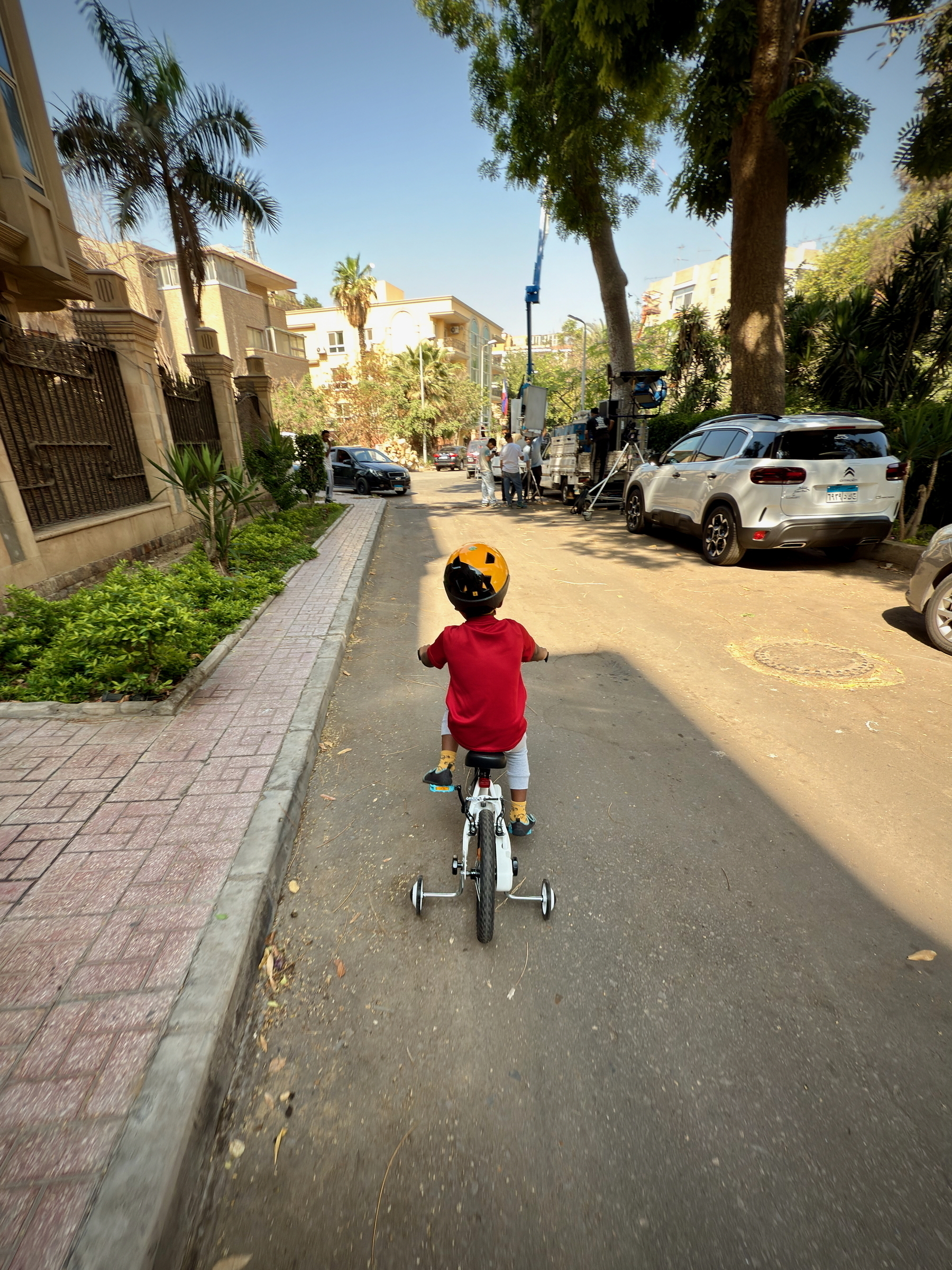 A child wearing a helmet is riding a bicycle with training wheels down a tree-lined street.
